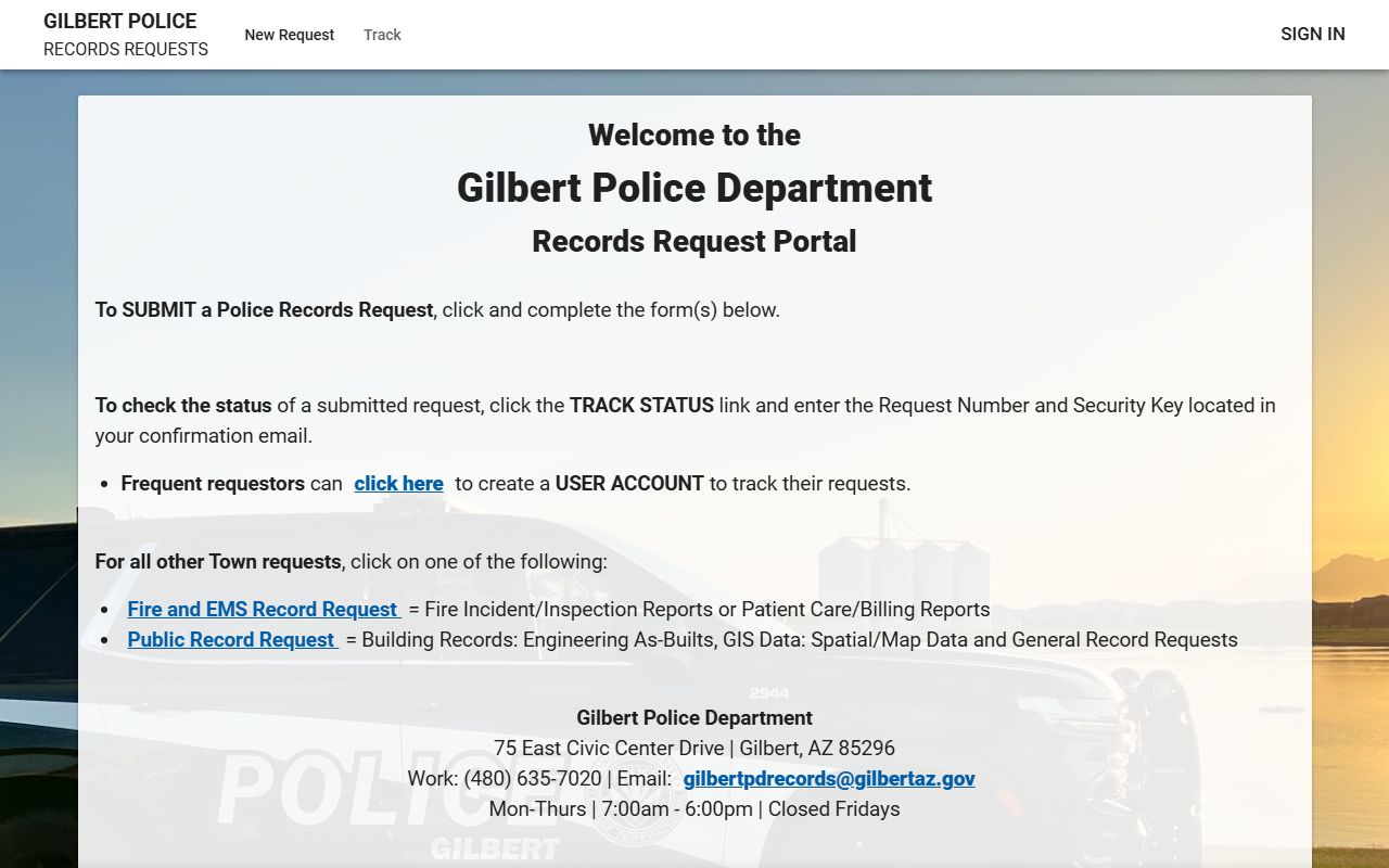 Gilbert Police JustFOIA portal homepage