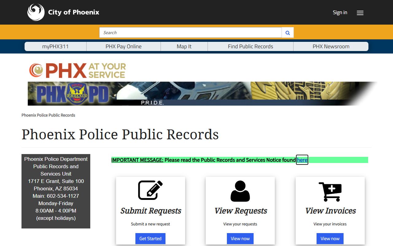 Phoenix Police public records portal login page