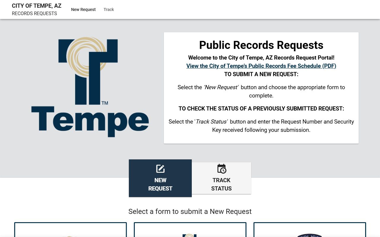 Tempe Police JustFOIA portal homepage
