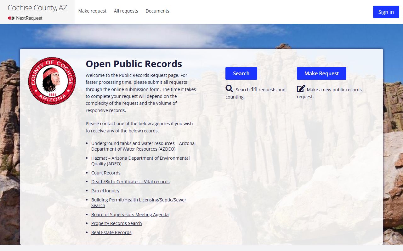 Cochise County NextRequest portal for public records
