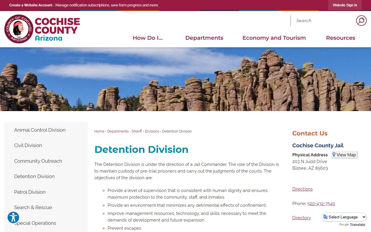 Cochise County Detention Division information page