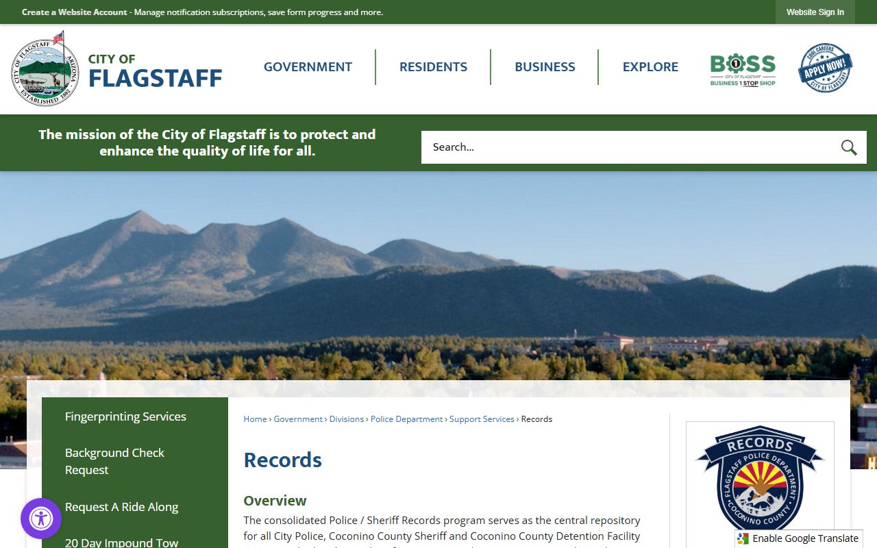 Flagstaff Police Department records page serving Coconino County