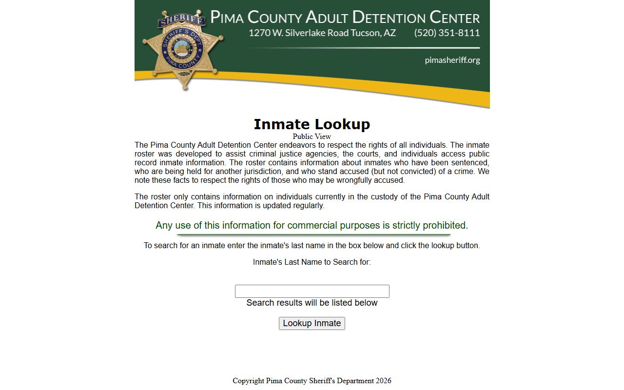 Pima County inmate lookup portal showing search interface