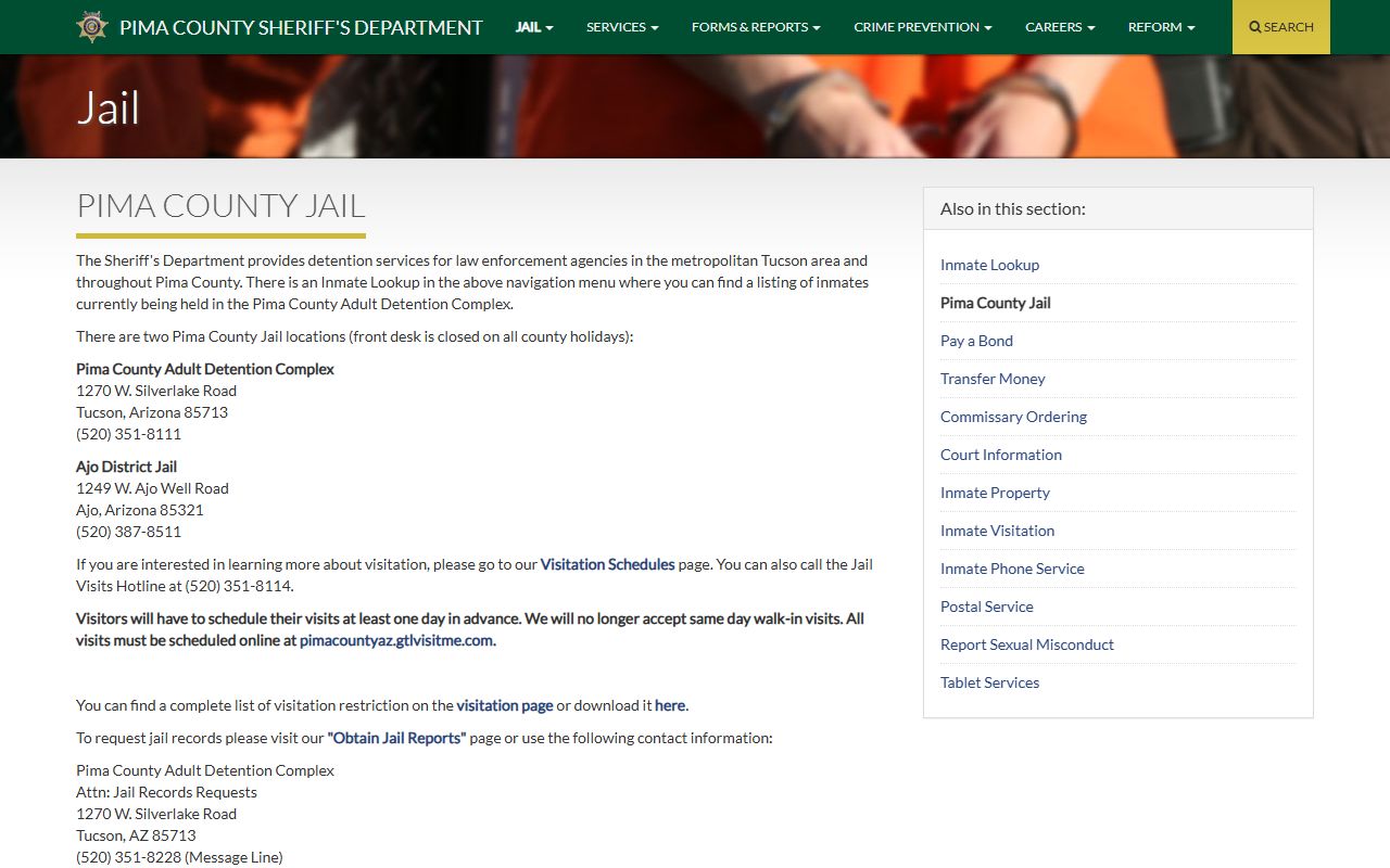 Pima County jail information page with facility details