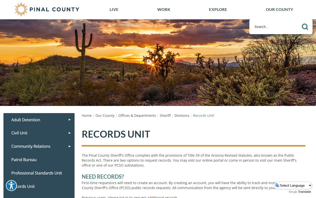 Pinal County Sheriff's Office records unit page