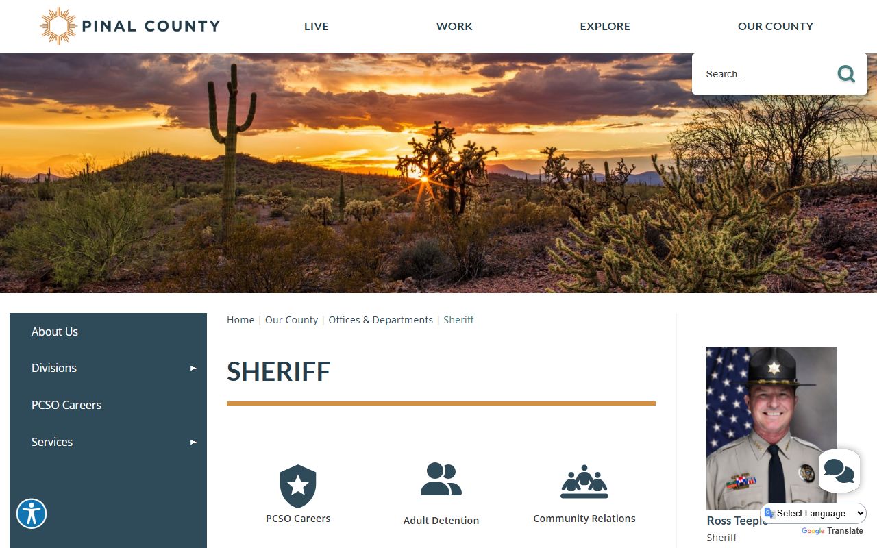 Pinal County Sheriff's Office main page with contact information