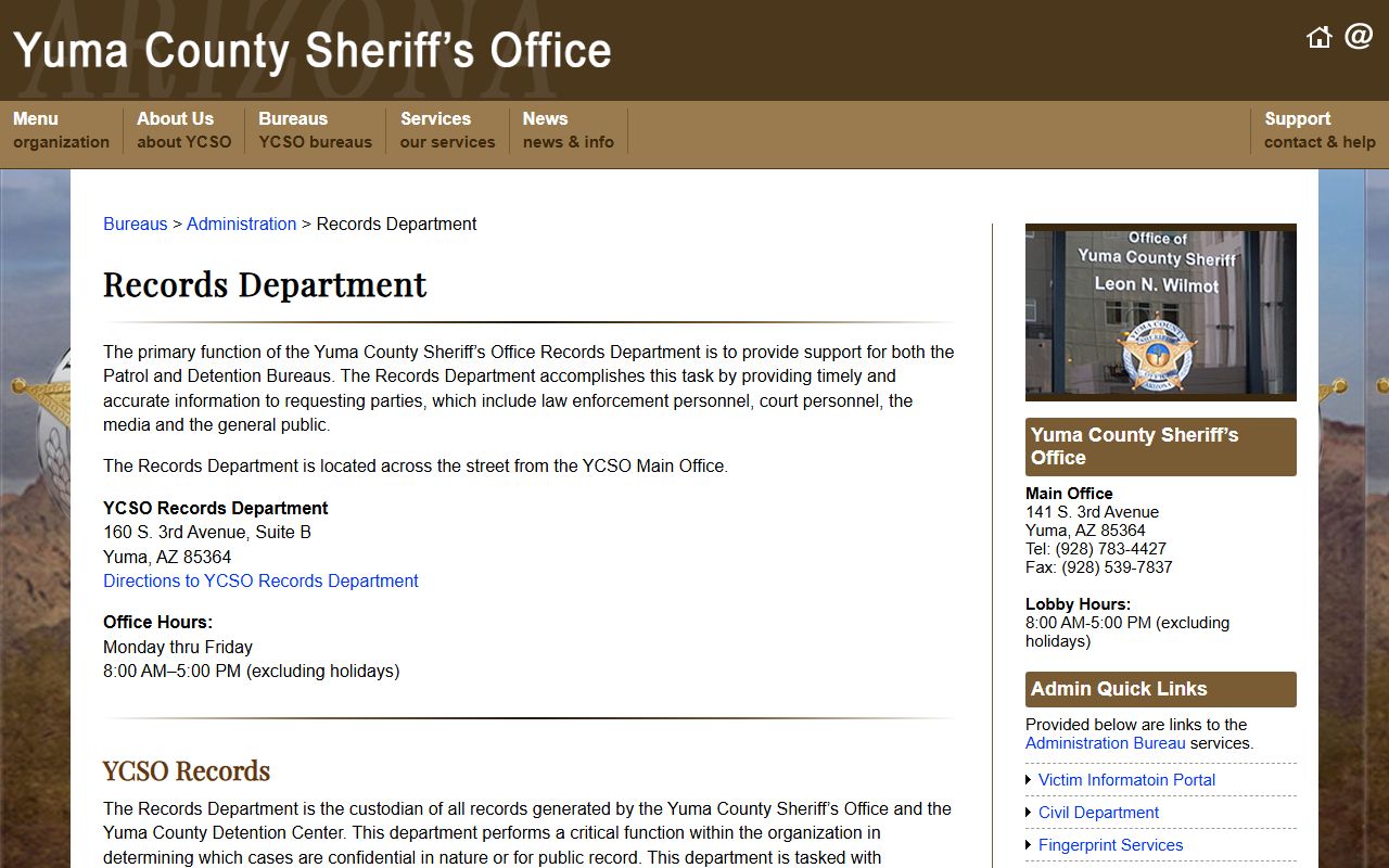 Yuma County Sheriff records information page