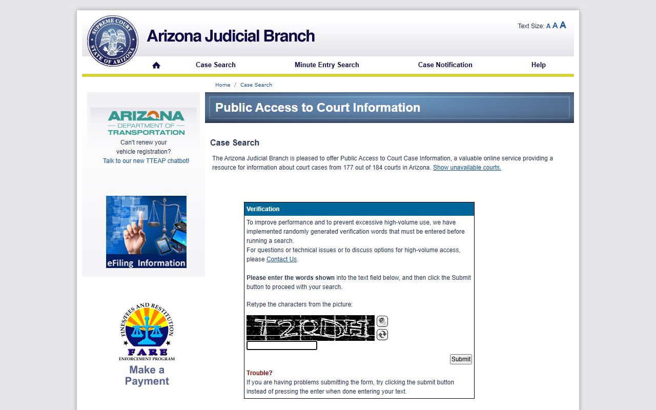 Arizona Courts public access portal for case information