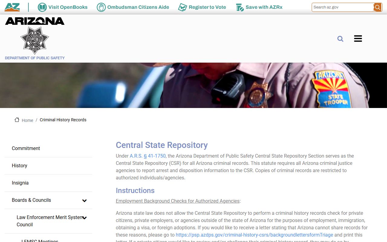 Arizona DPS criminal history records portal for booking reports