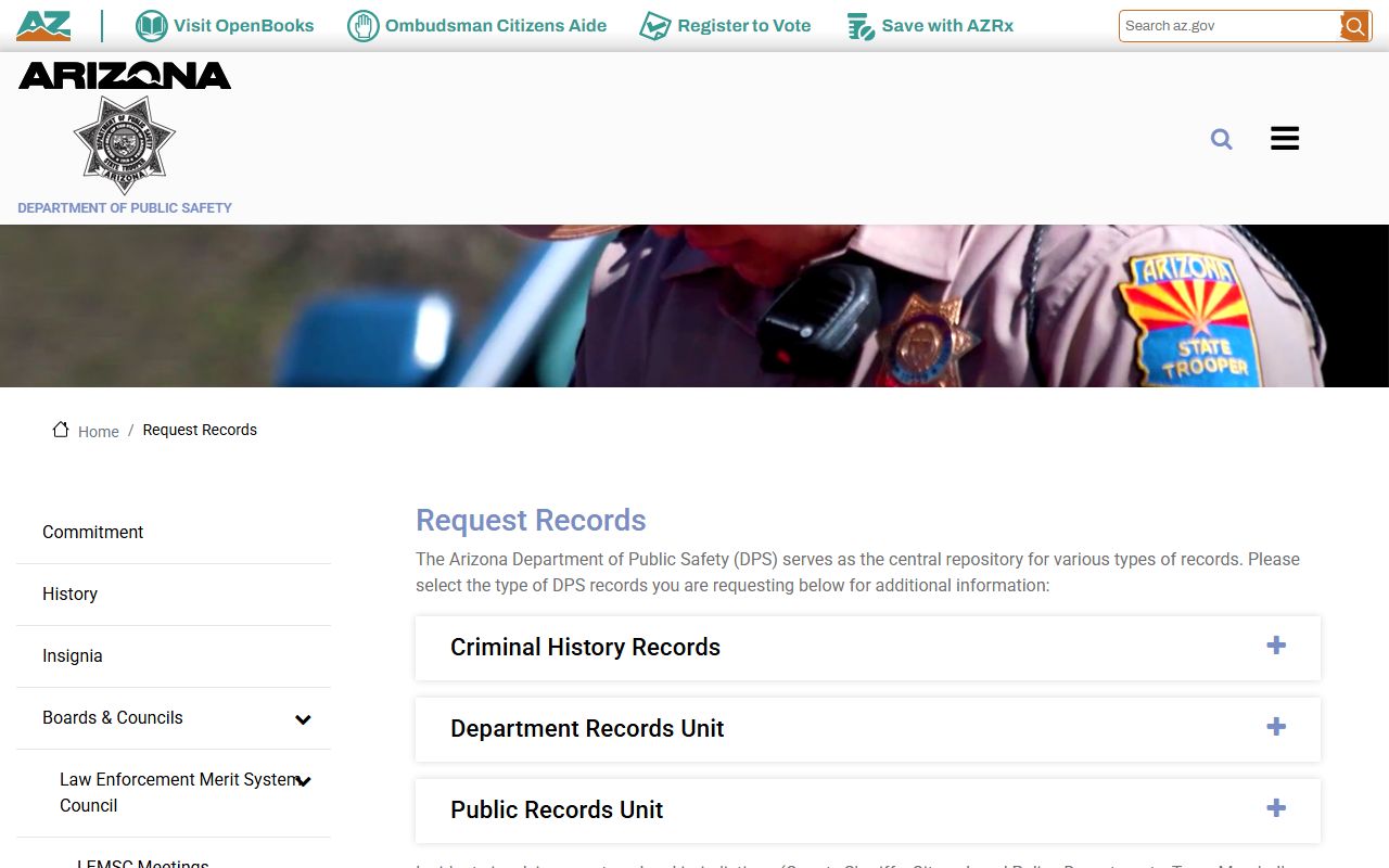 Arizona DPS request records page for booking reports