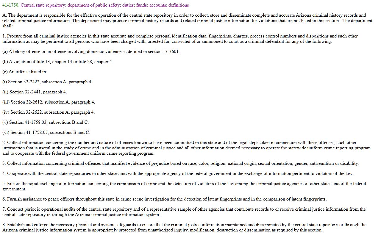 Arizona Revised Statutes 41-1750 Central State Repository law